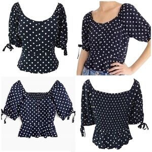 J. Crew Blue Polka Dot Smocked Puff Sleeve Blouse Size Small